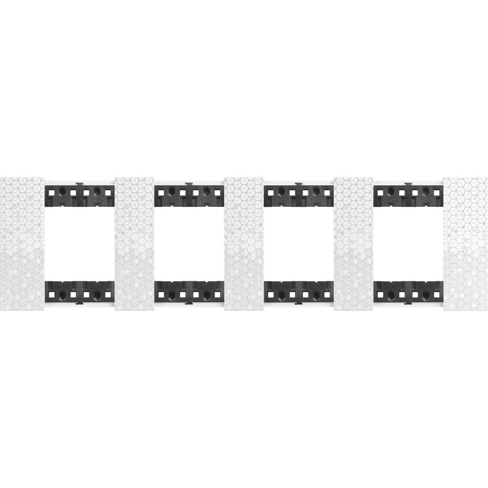 Reihe von weißen und schwarzen zahnradähnlichen Modulen, horizontal verbunden und ausgerichtet, ähnlich einer strukturierten mechanischen Komponente oder einem Muster.