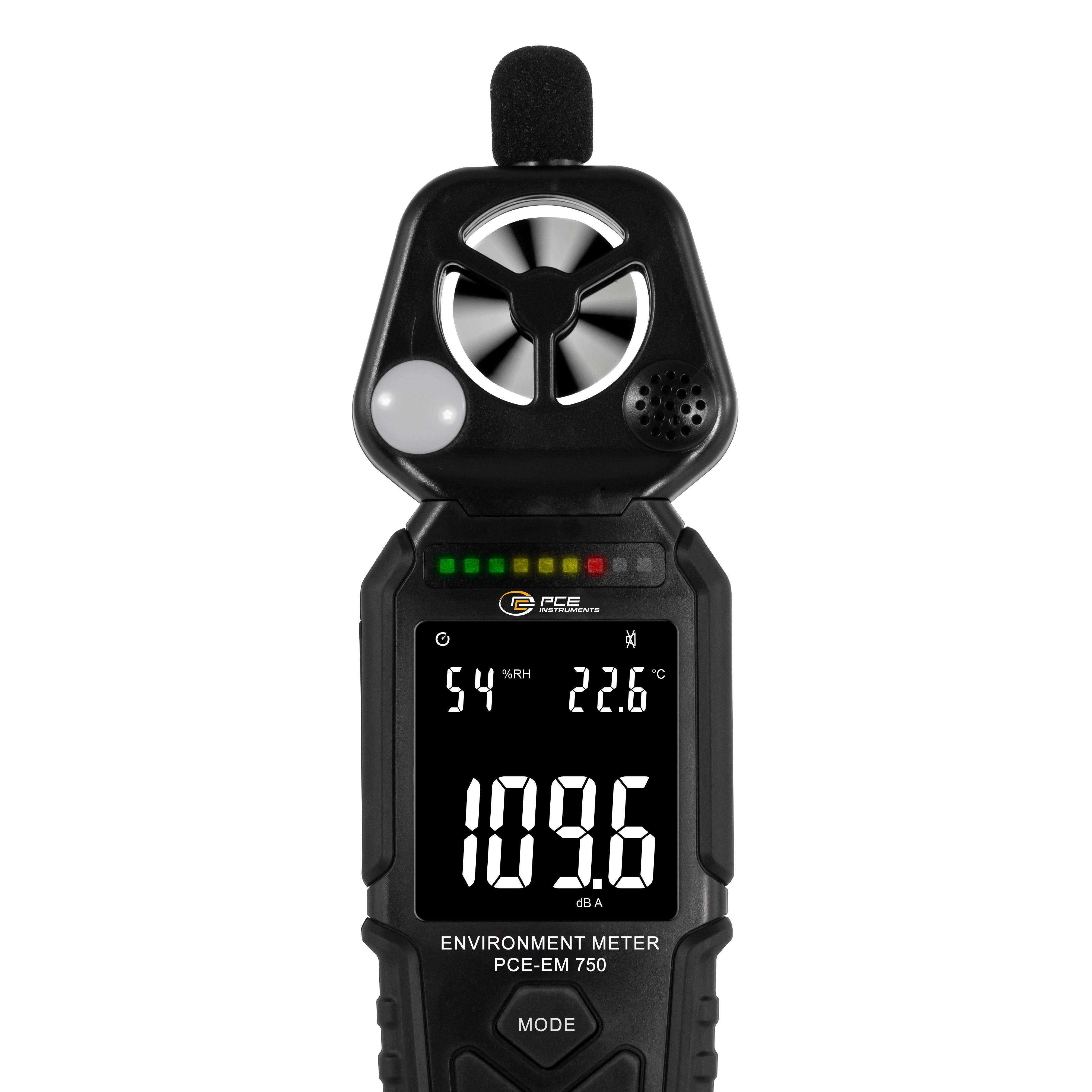 PCE Instruments Umweltmessgerät PCE-EM 750 |6 in 1 |Schallpegel |Lichtstärke |Windgeschwindigkeit |Volumenstrom |Feuchte