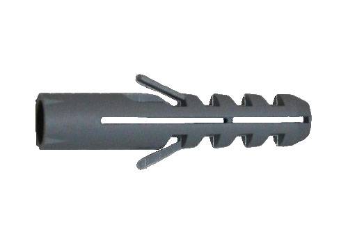 Ein grauer Kunststoff-Dübel mit flachen Flügeln und Rillen, der zum Befestigen von Gegenständen in Trockenbau- oder Mauerwerkswänden entwickelt wurde.