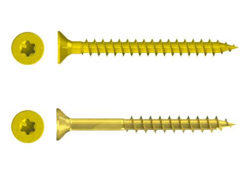 Zwei gelbe Schrauben mit Senkkopf und gewindeter Körperform, mit detaillierter Seitenansicht und Stirnansicht für Konstruktionszwecke.