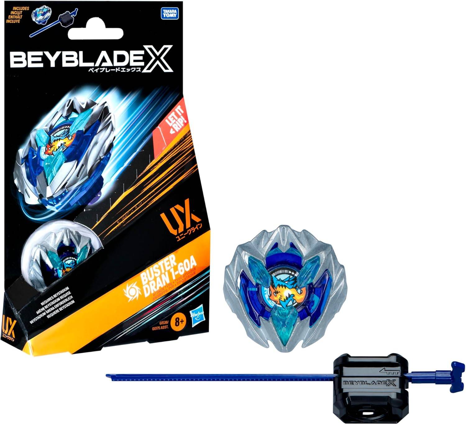 Beyblade Burst' Spielzeug-Set mit Verpackung, ausgestattet mit einer blauen und silbernen Kreisel und einem schwarzen Starter. Geeignet für Kinder ab 8 Jahren.