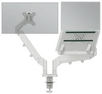 Ein Doppel-Monitorarm und Laptopständer, der an einer Tischklemme befestigt ist, unterstützt eine ergonomische Positionierung von Bildschirmen und Laptops.
