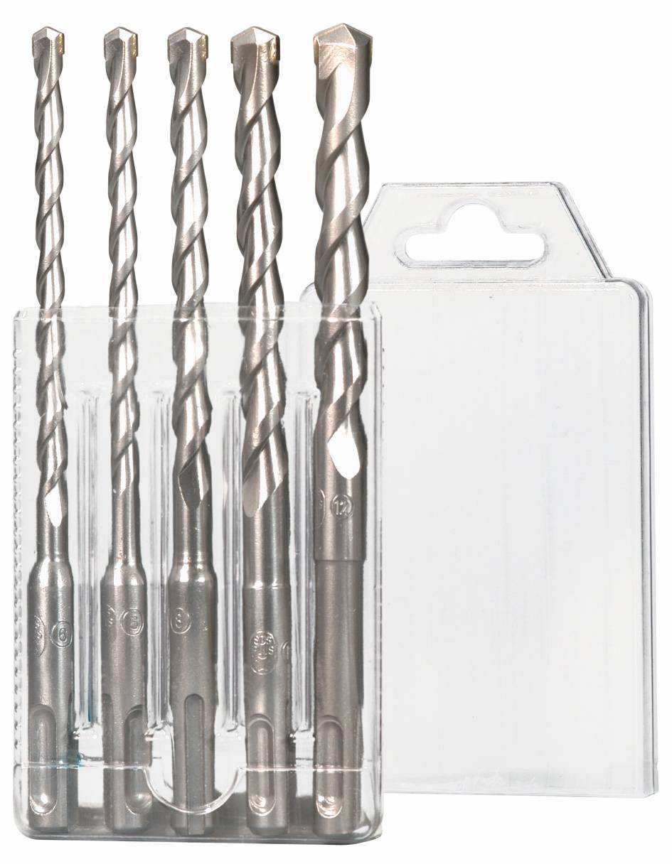 Ein Satz von fünf Metallbohrern in unterschiedlichen Größen, verpackt in einer transparenten, zum Aufhängen geeigneten Plastikbox.