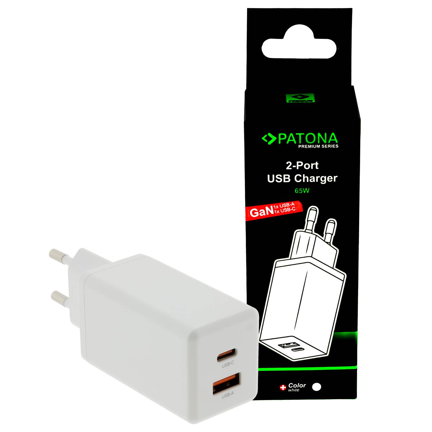 2-Port-USB-Ladegerät, 65W, GaN-Technologie, weiß, mit USB-C und USB-A Anschlüssen.' Verpackung präsentiert Markenlogo und Produktabbildung.