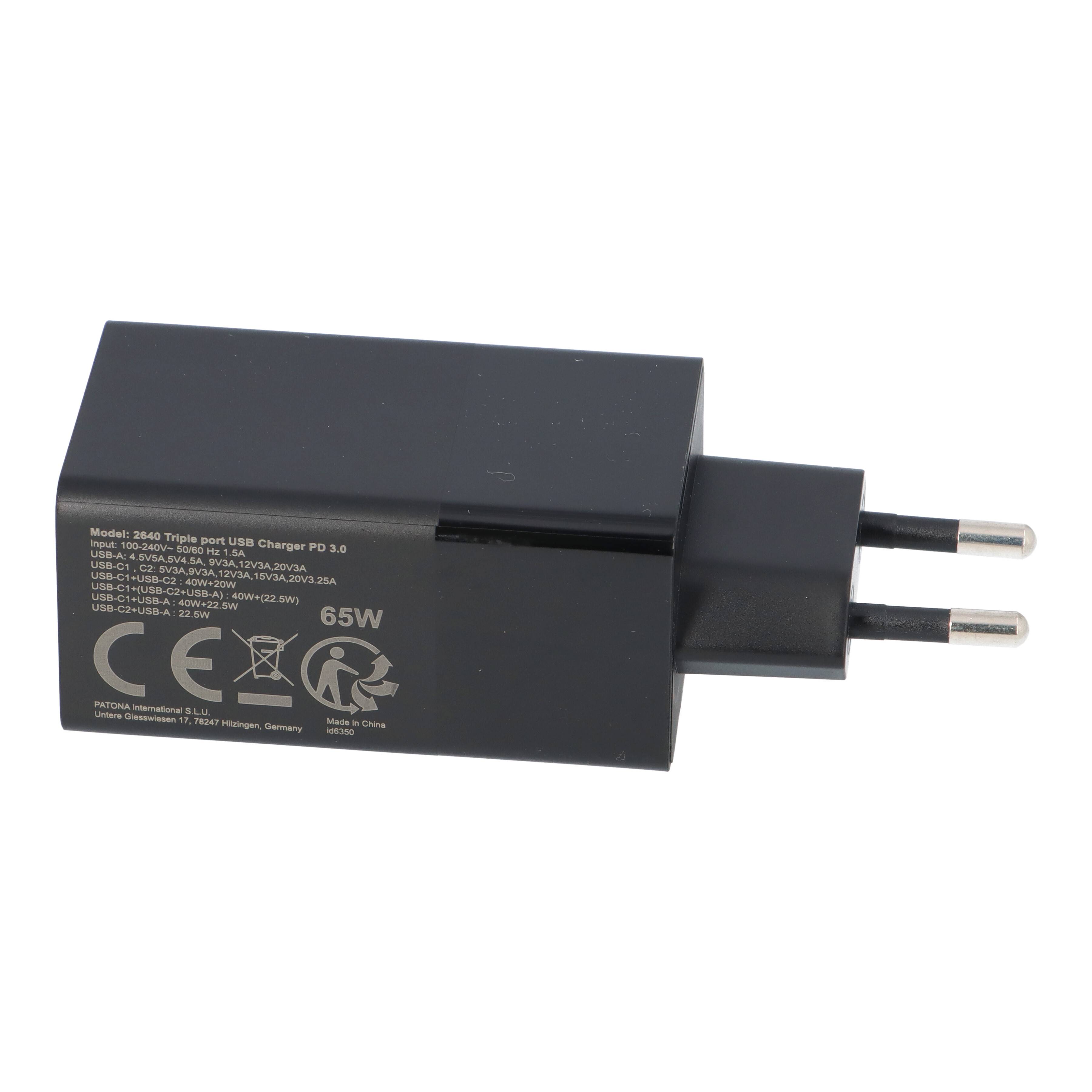 PATONA Premium GaN PD65W Adapter schwarz 2xUSB-C 1xUSB-A