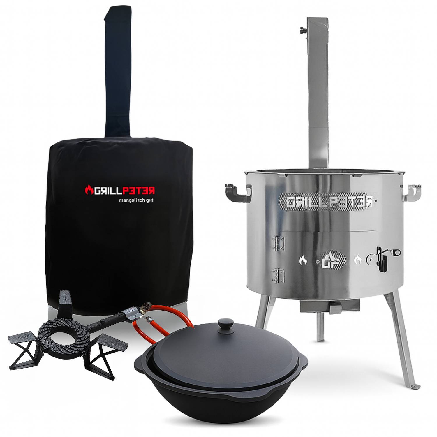 Ein Edelstahlgrill mit einem Schornstein, ein Deckel mit der Aufschrift 'GRILLPETER' und eine separate runde Pfanne mit Griffen, die auf einem Tisch platziert sind.