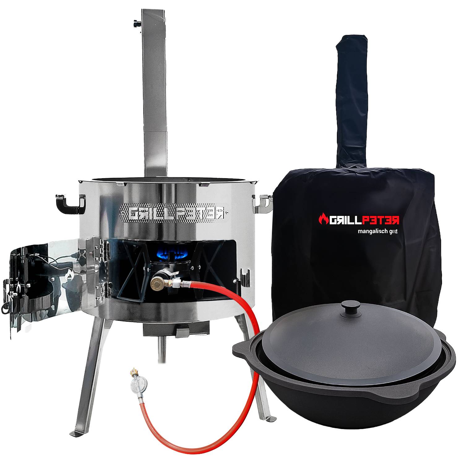 GALLPETER mangalica grill' mit Edelstahlstruktur, Kochtopf, Deckel und Tragetasche. Geeignet für das Kochen im Freien.