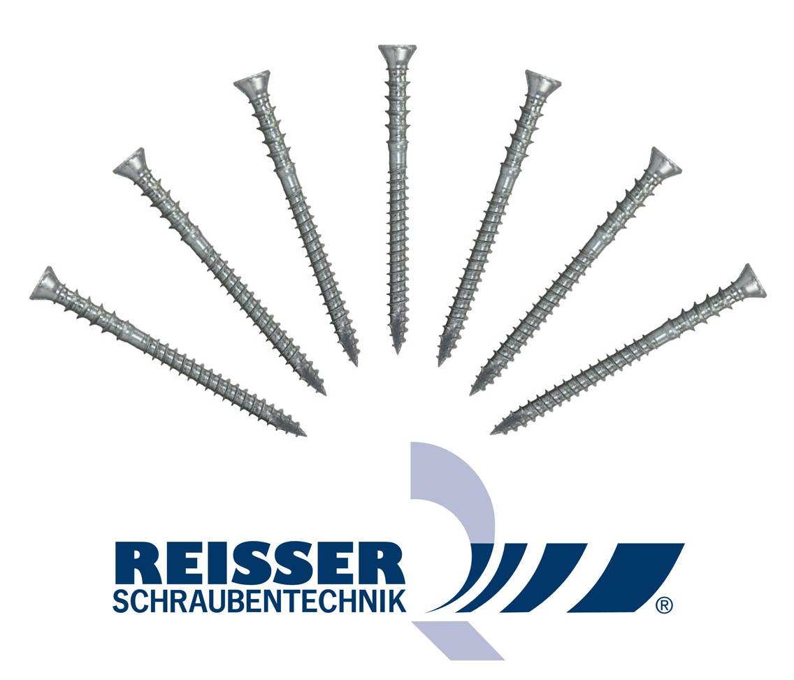 Sechs Schrauben, die in einem Halbkreis über dem Reisser Schraubentechnik-Logo angeordnet sind, mit blauem Text und einem stilisierten Gestaltungselement.