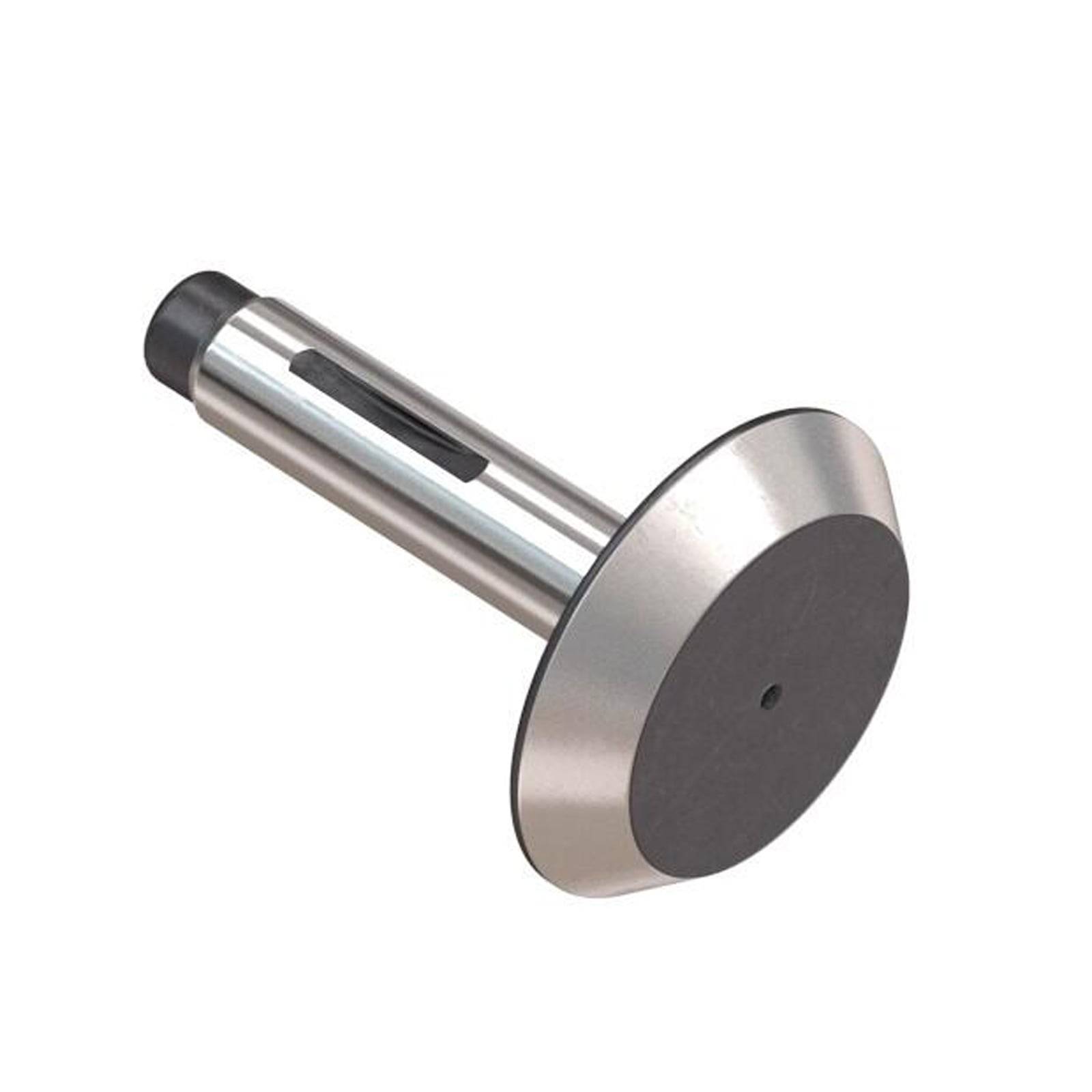 Ein zylindrisches Metallwerkzeug mit einer flachen, kreisförmigen Basis und glatter Oberfläche, wahrscheinlich ein Maschinenkomponente, shown gegen einen einfachen Hintergrund.