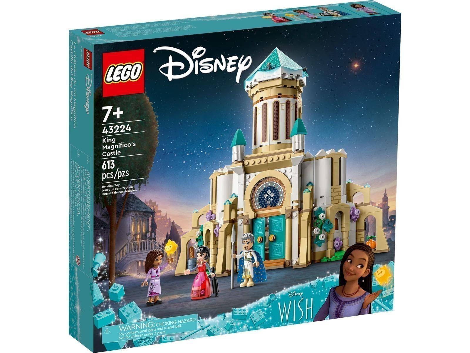 LEGO Disney 'Schloss König Magnifico' Bausatz Schachtel, ab 7 Jahren, 613 Teile, mit dem Schloss aus Wish und Minifiguren auf der Vorderseite.