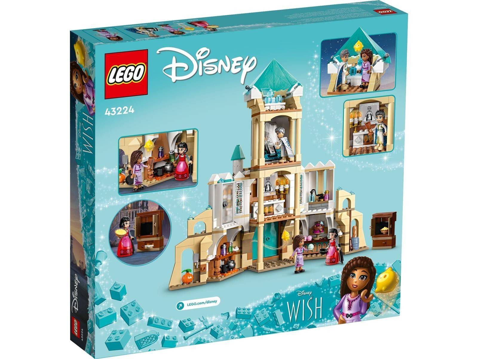 LEGO Disney Wish Set 43224 Schachtelkunstwerk mit einem baubar zum Leben erweckbaren Schloss und mehreren Minipuppen-Szenen aus dem Film Wish.