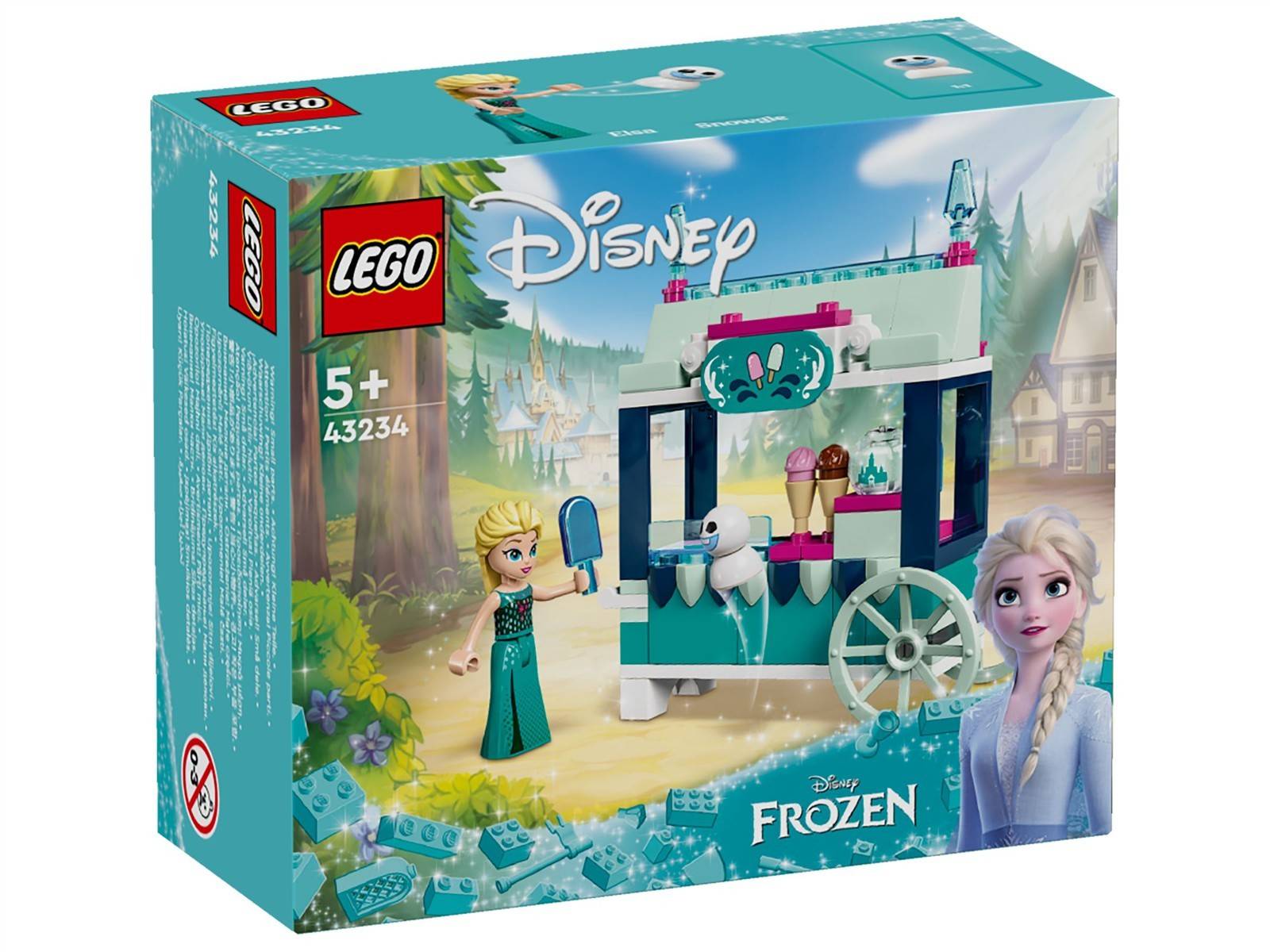 LEGO Disney Frozen Set 43234 Box mit Elsa und einem Wagen mit Eiscrème-Teilen, empfohlen für Kinder ab 5 Jahren.
