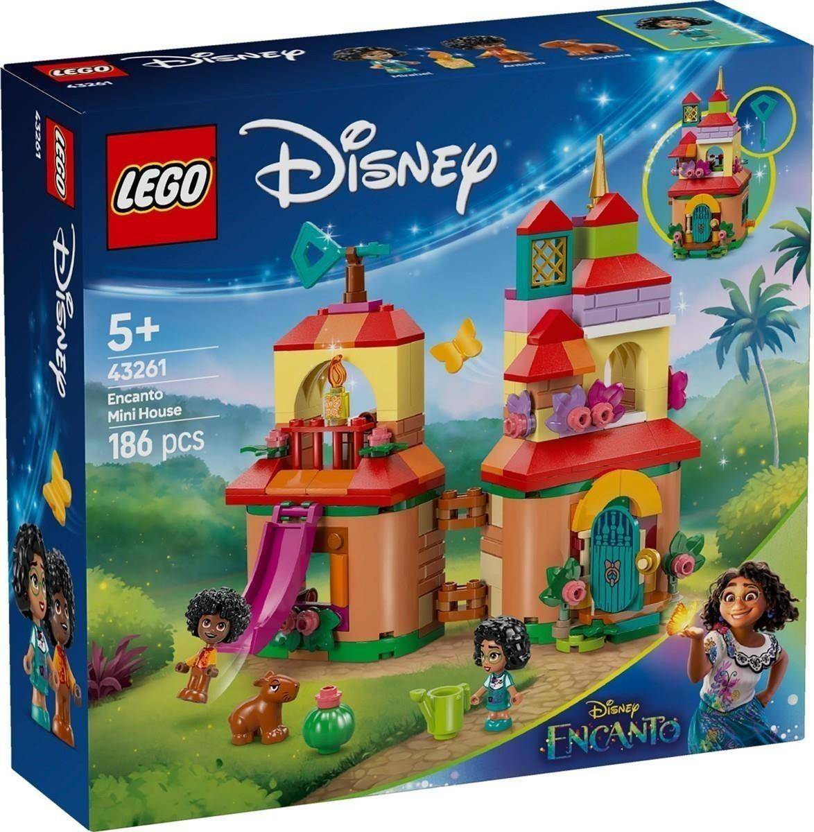 LEGO Disney Encanto Mini House Set Box, zeigt einen farbenfrohen zweistöckigen Hausbau mit Minifiguren und „186 Teile