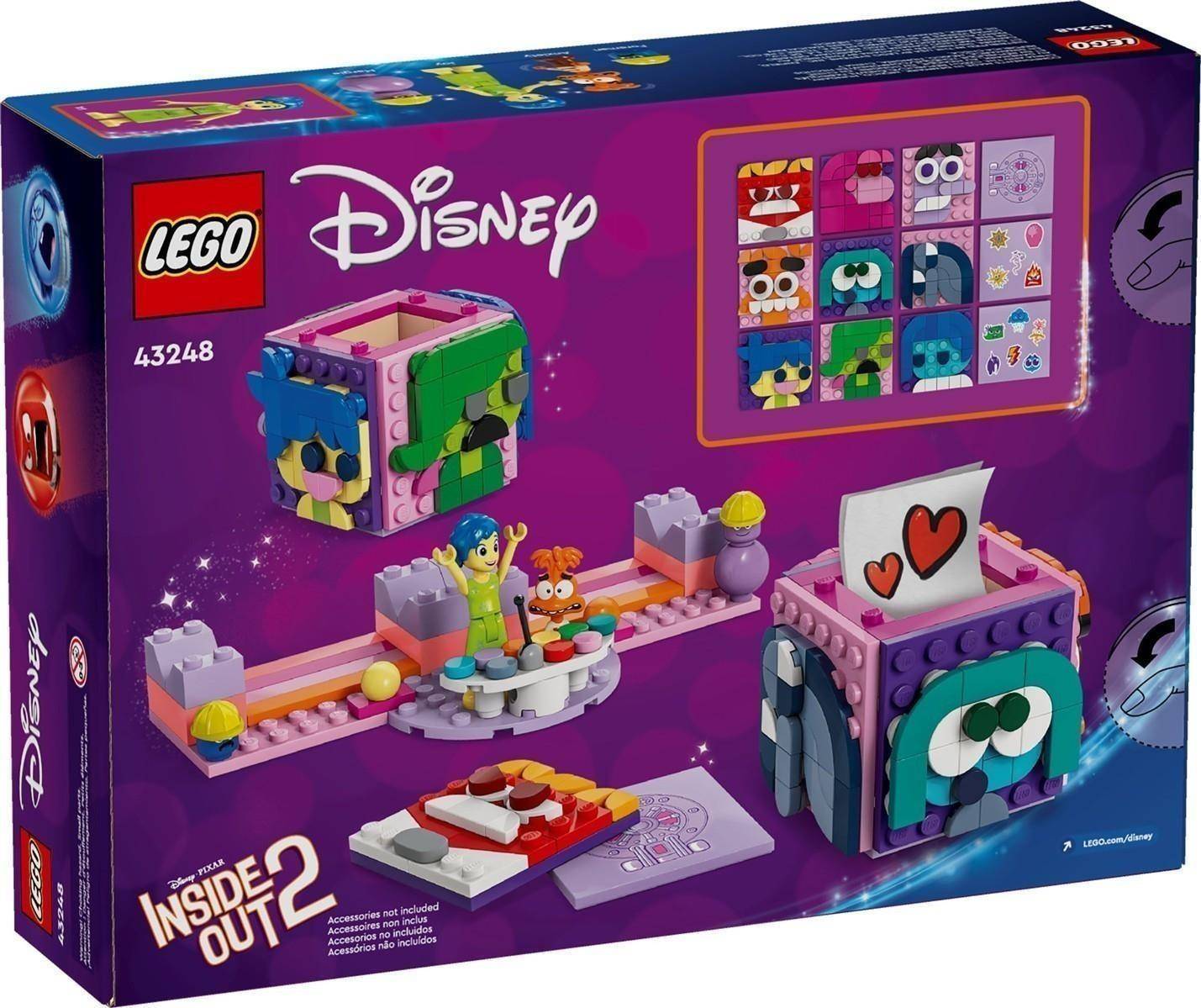 LEGO Disney 'Inside Out 2' Setkasten mit einem zusammensetzbaren Emotionswürfel und Minifiguren auf violettem Hintergrund.