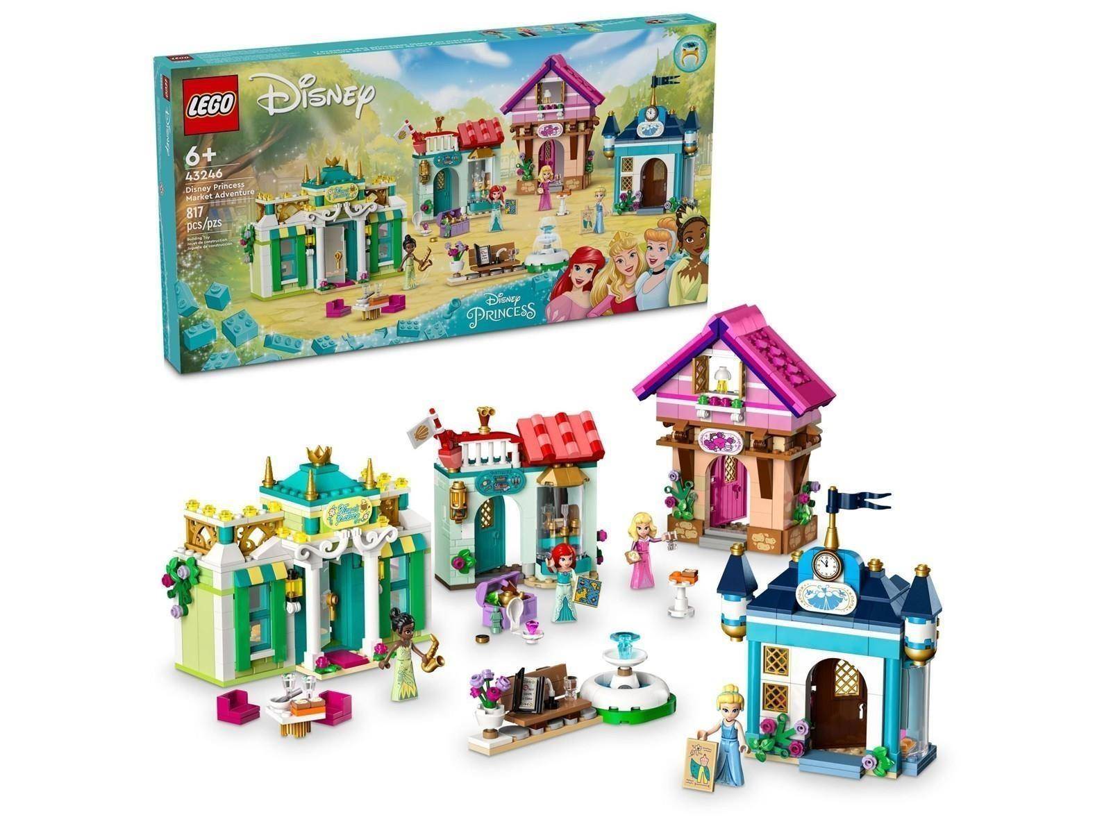 LEGO Disney Prinzessin Bauset Karton und zusammengesetzte Mini-Palast-Spielsets mit mehreren farbenfrohen Disney-Prinzessin-Themen-Strukturen und Minifiguren.