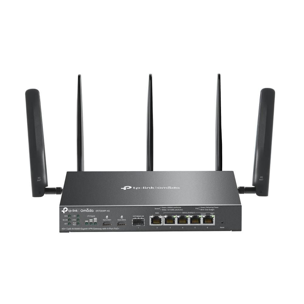 Schwarzer TP-Link Omada Wireless-Router mit vier Antennen und vorderen Ethernet-Anschlüssen, vor weißem Hintergrund gezeigt.