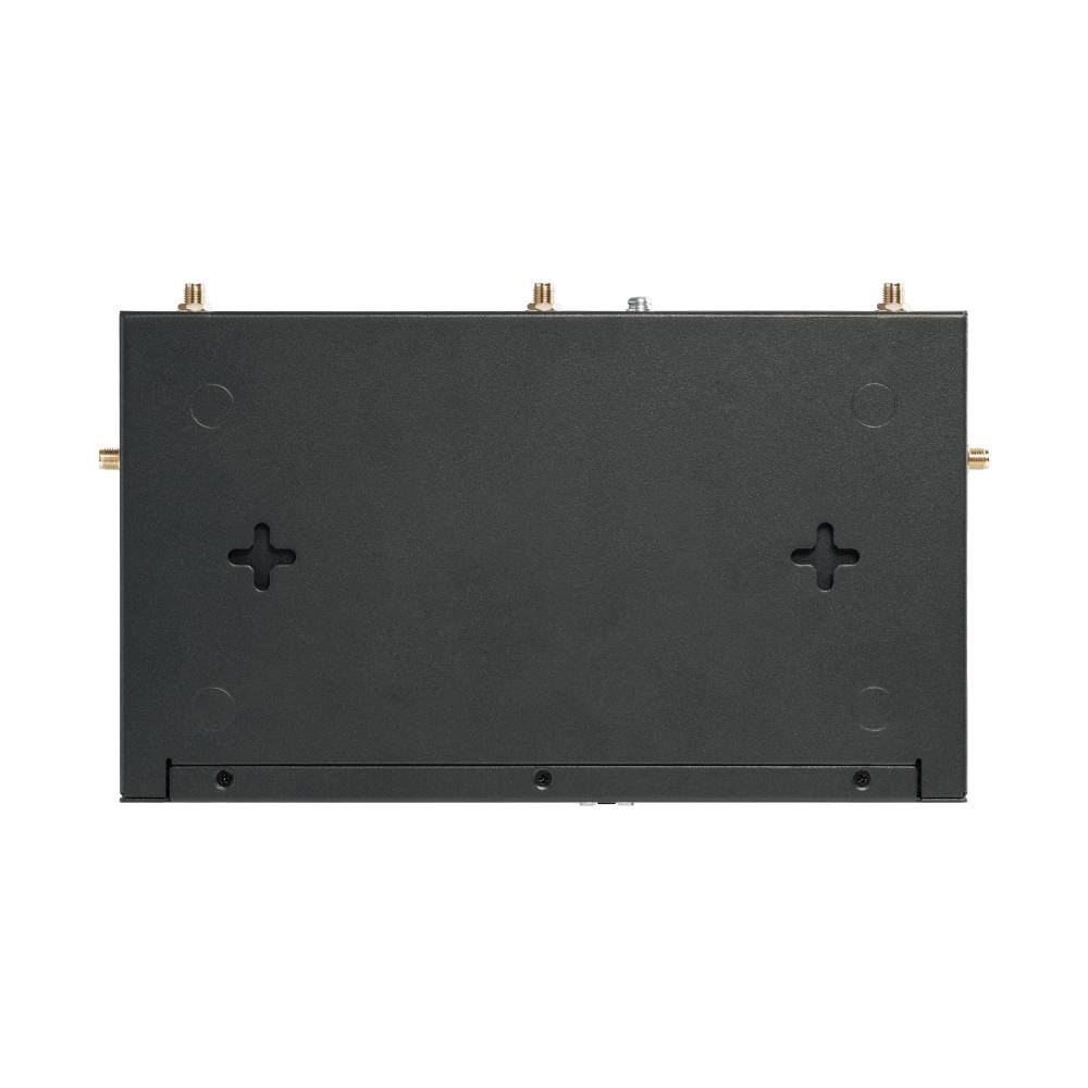 Schwarzes rechteckiges elektronisches Gerät mit mehreren Metallverbindern und Befestigungsnuten, frontal vor weißem Hintergrund dargestellt.