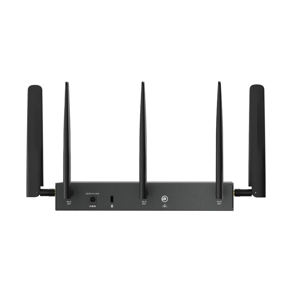 Schwarzer kabelloses Router mit fünf externen Antennen und Statusleuchten an der Vorderseite auf weißem Hintergrund.