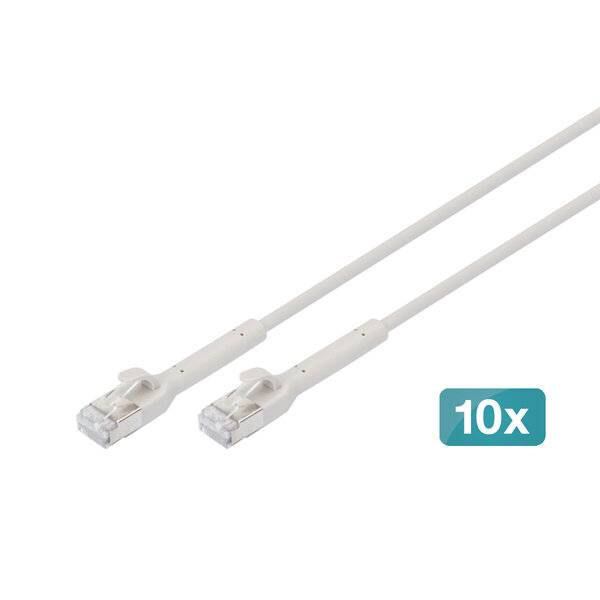 Zwei weiße Ethernet-Kabel mit durchsichtigen Steckern auf neutralem Hintergrund, gekennzeichnet mit „10x