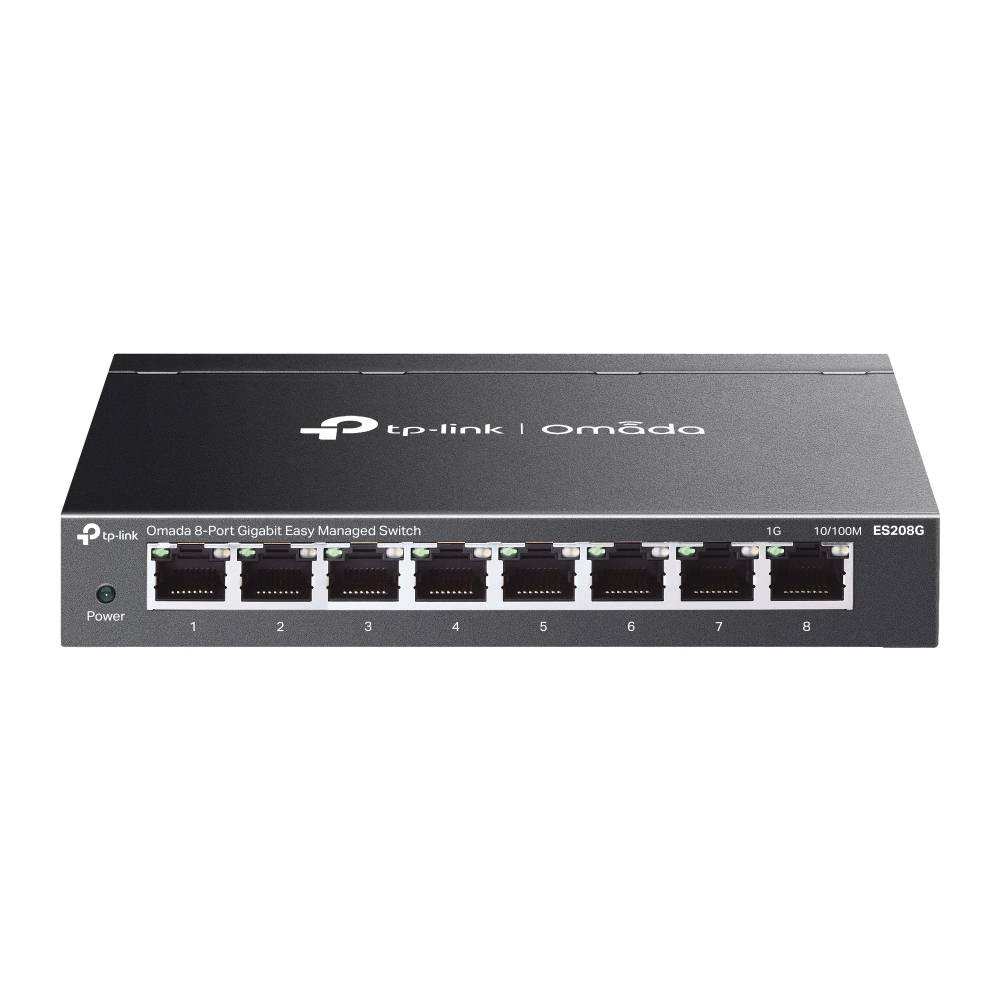 TP-Link Omada 8-Port-Gigabit-Managed-Netzwerk-Switch mit einfacher Verwaltung, Vorderansicht mit acht Ethernet-Anschlüssen und Stromanzeige.