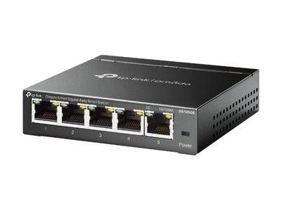 Ein schwarzer Netzwerk-Switch mit fünf Ethernet-Ports, die von 1 bis 5 beschriftet sind, ist zu sehen. Das 'TP-Link'-Logo ist auf der Oberseite sichtbar.