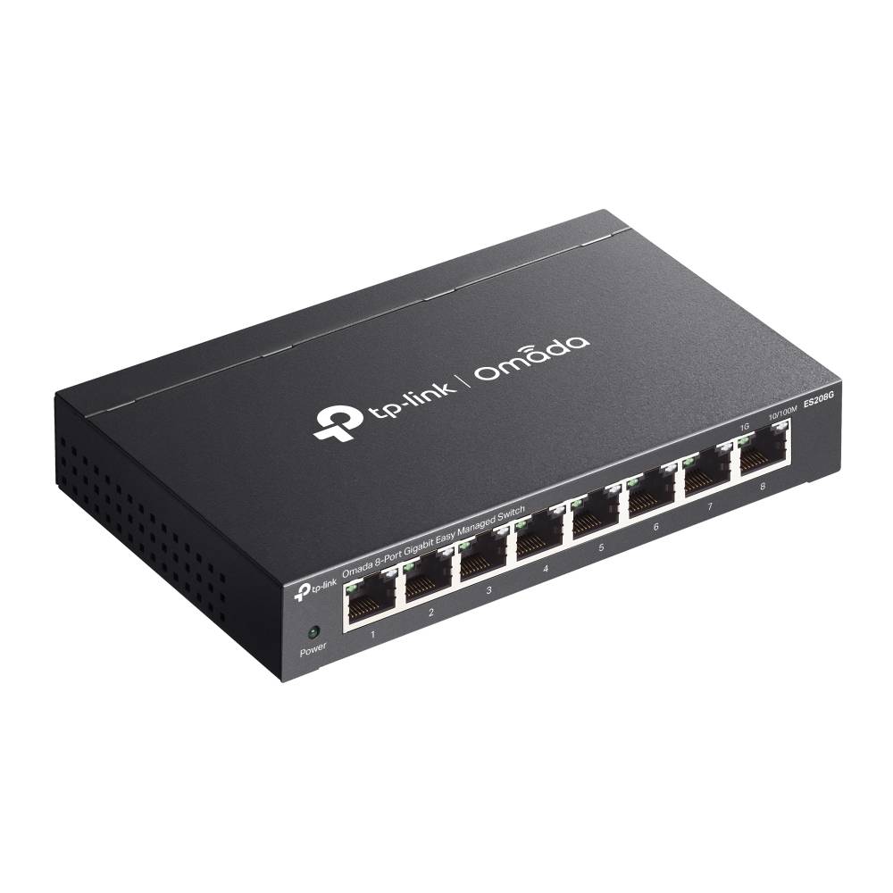 TP-Link Omada Netzwerk-Switch mit acht Ethernet-Anschlüssen in einem schwarzen Metallgehäuse.
