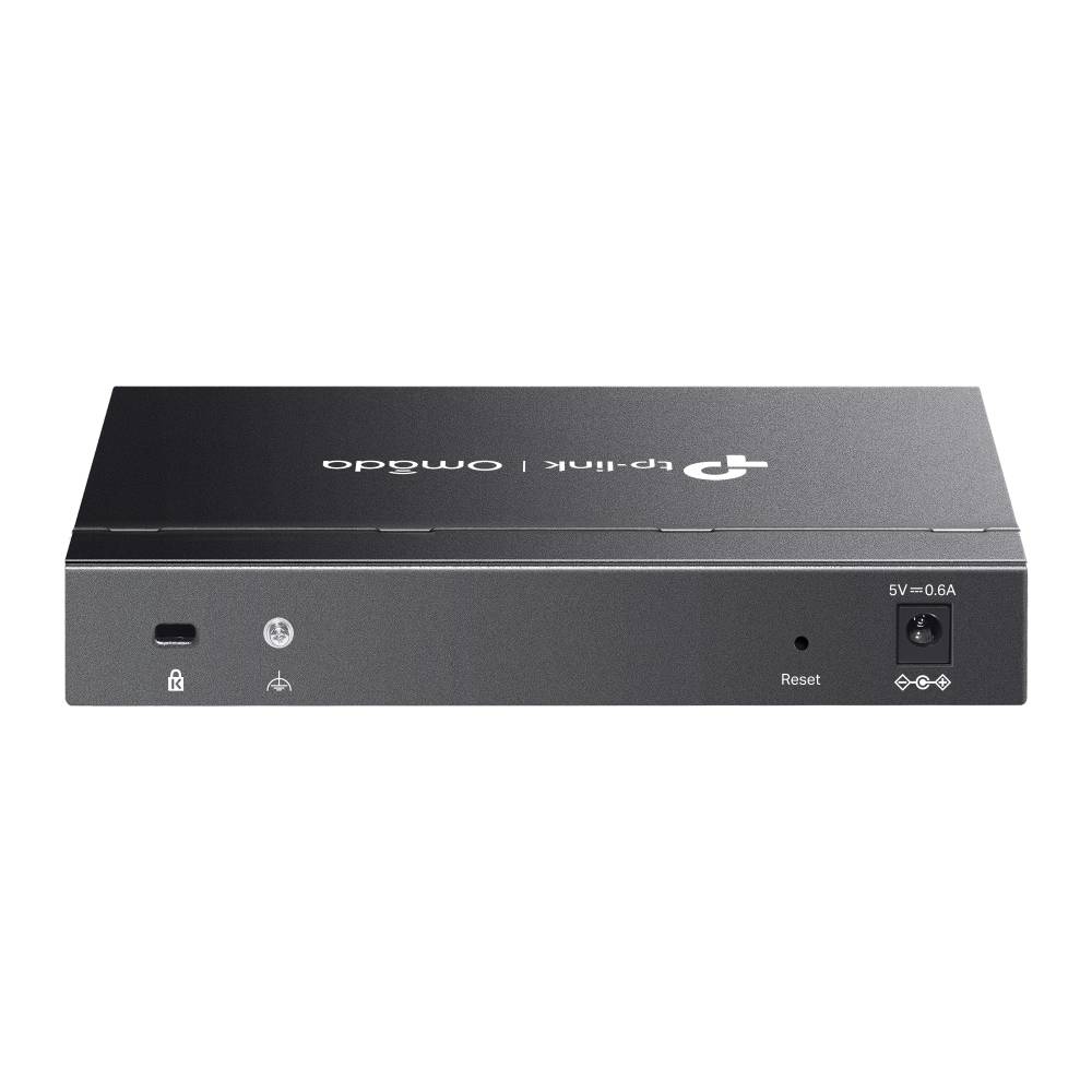 Draufsicht auf ein TP-Link Omada Netzwerkgerät mit Frontplatte, die einen USB-Anschluss, ein Reset-Loch und eine 5-V-0,6-A-Stromeinspeisung zeigt.