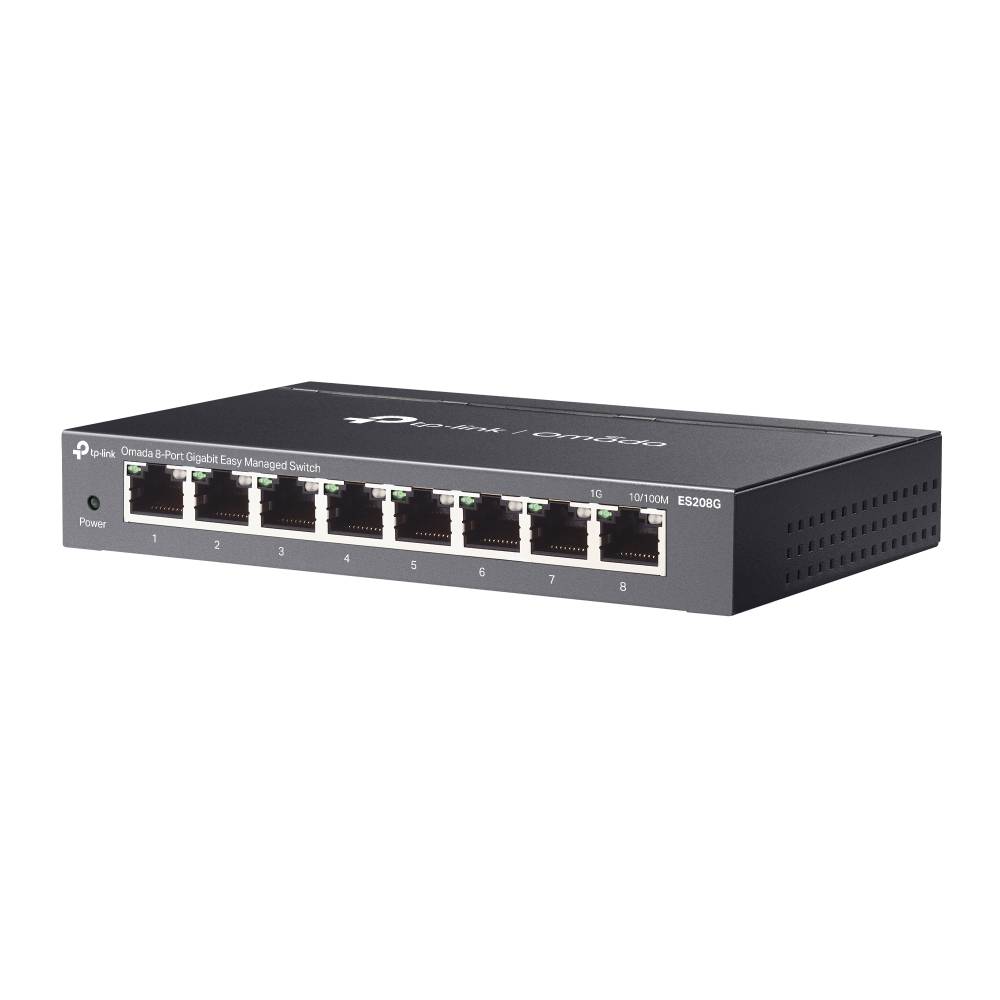 Schwarzer TP-Link 8-Port-Gigabit-Easy-Managed-Ethernet-Switch mit Stromanzeige und gekennzeichneten Anschlüssen, shown on a white background