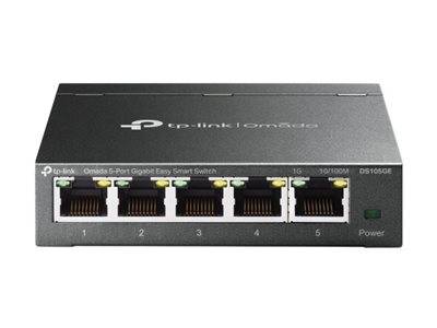 Ein TP-Link Omada 5-Port-Gigabit-Easy-Smart-Switch mit fünf Ethernet-Ports, beschriftet mit 1G und 10/100M, und einer Stromanzeigelampe.