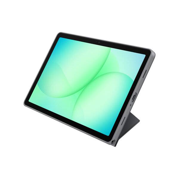 Schwarzes Tablet in einer Ständerhülle, in einem Winkel dargestellt mit einem grünen abstrakten Bildschirm.