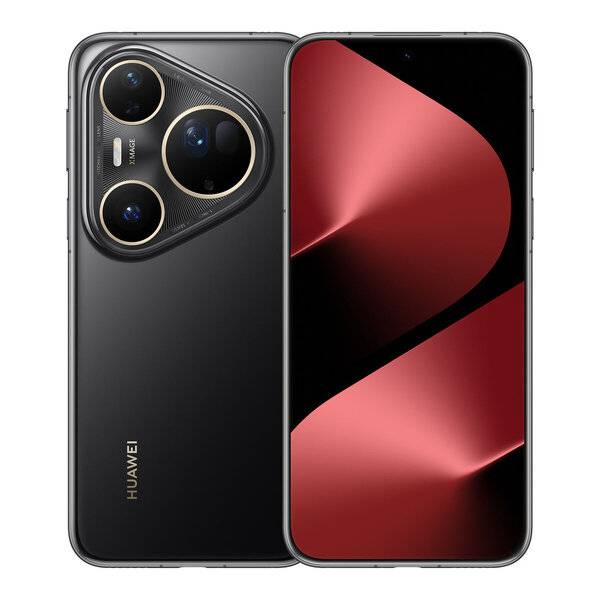 Vorder- und Rückansicht eines Huawei-Smartphones mit rotem abstraktem Display und Triple-Rückfahrkamera-Modul.