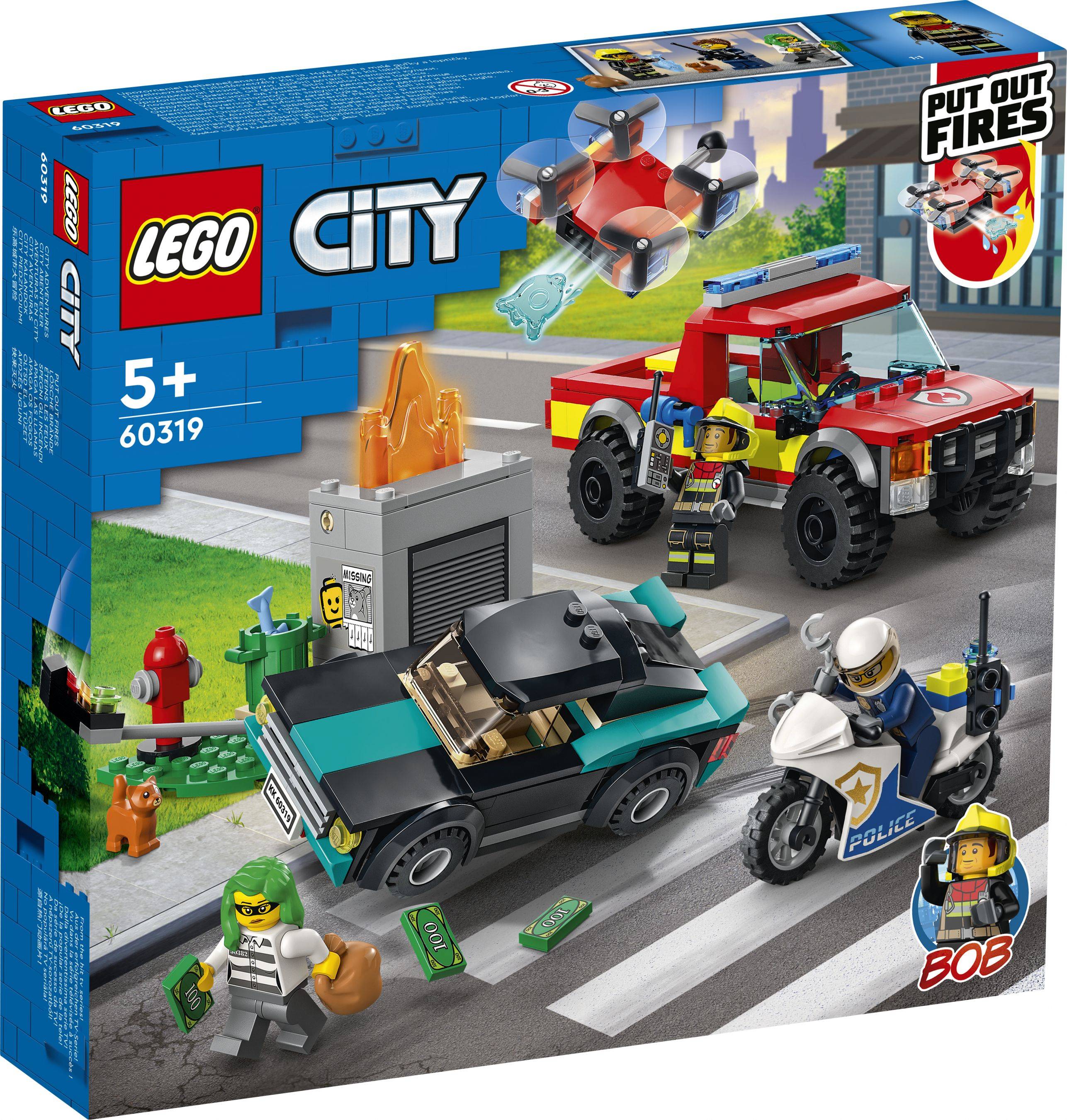 LEGO City Set mit einer Verfolgungsjagd-Szene, bei der ein Polizist auf einem Motorrad, ein roter Feuerwehrwagen und ein grünes Fluchtfahrzeug im Einsatz sind.