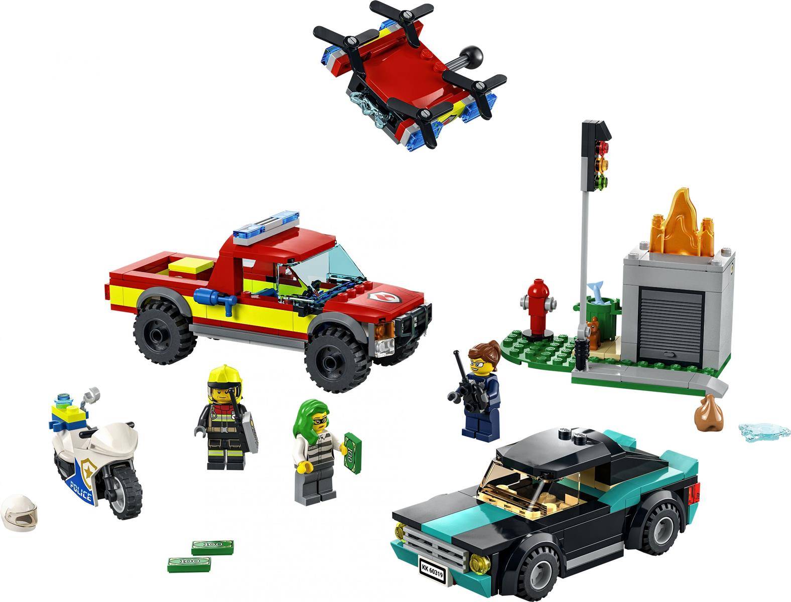 Eine Vielzahl von LEGO-Fahrzeugen und Minifiguren, darunter ein roter Lastwagen, eine Drohne, ein Motorrad und ein türkisfarbenes Auto, mit Figuren in verschiedenen Uniformen.