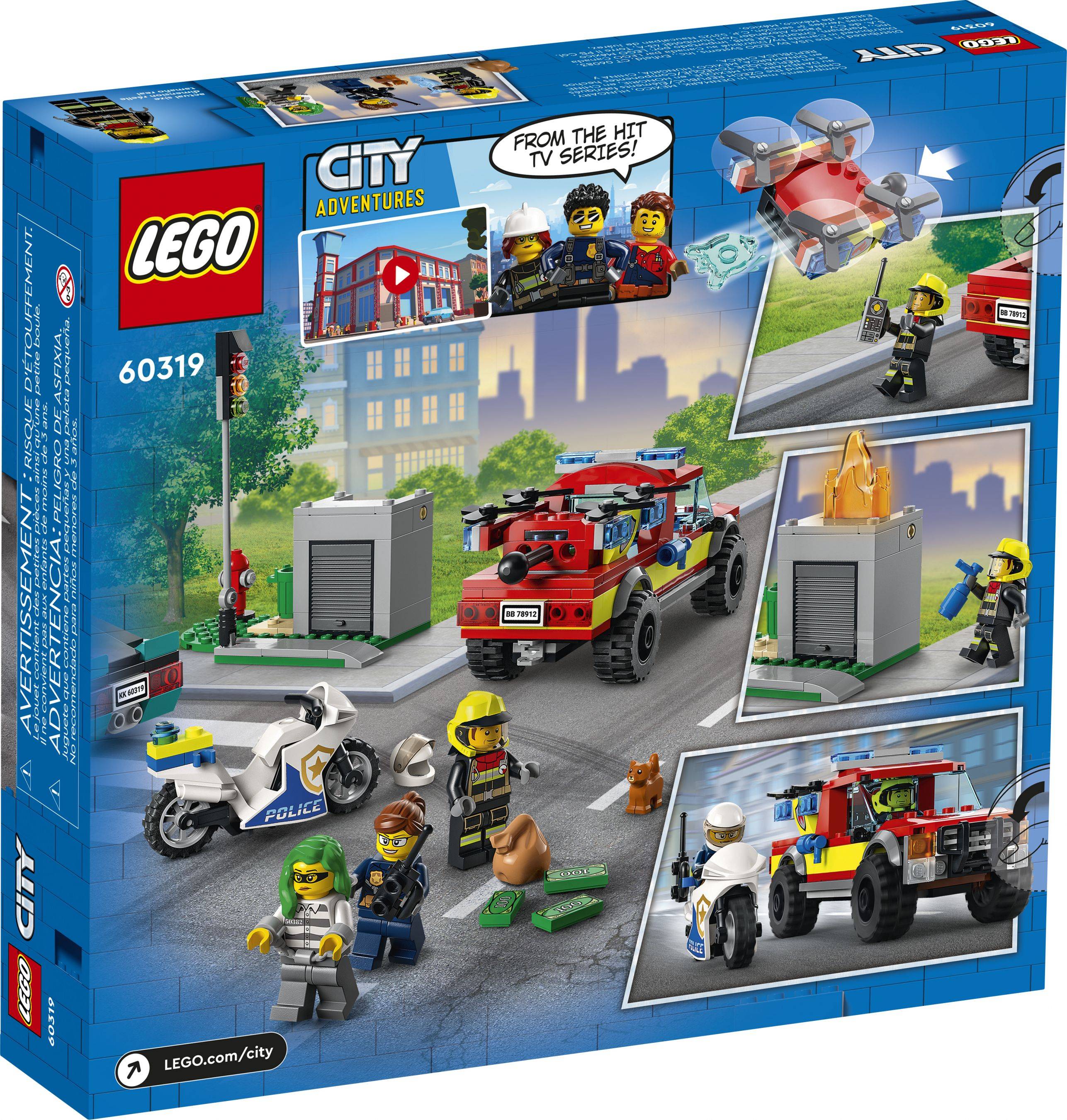 LEGO City Polizei- und Feuerwehr-Set mit Motorrad, Polizeiauto, Hubschrauber und zwei Figuren zur Förderung der TV-Serie 