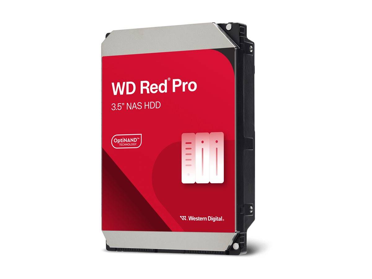 Ein WD Red Pro 3,5-Zoll-NAS-Festplatte vor weißem Hintergrund mit rotem Etikett und Western-Digital-Branding.