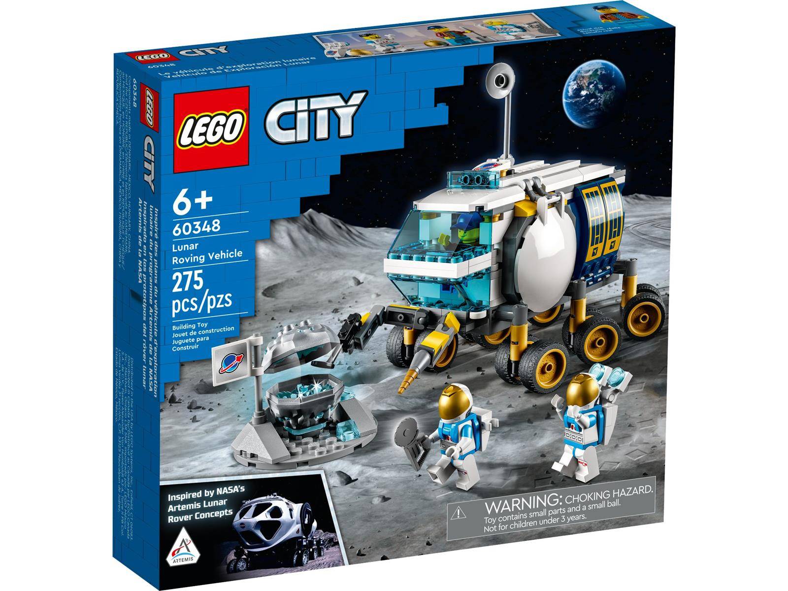 LEGO City Schachtel mit einem Mondfahrzeug-Set und Astronauten auf dem Mond. Enthält 275 Teile, geeignet für Kinder ab 6 Jahren.