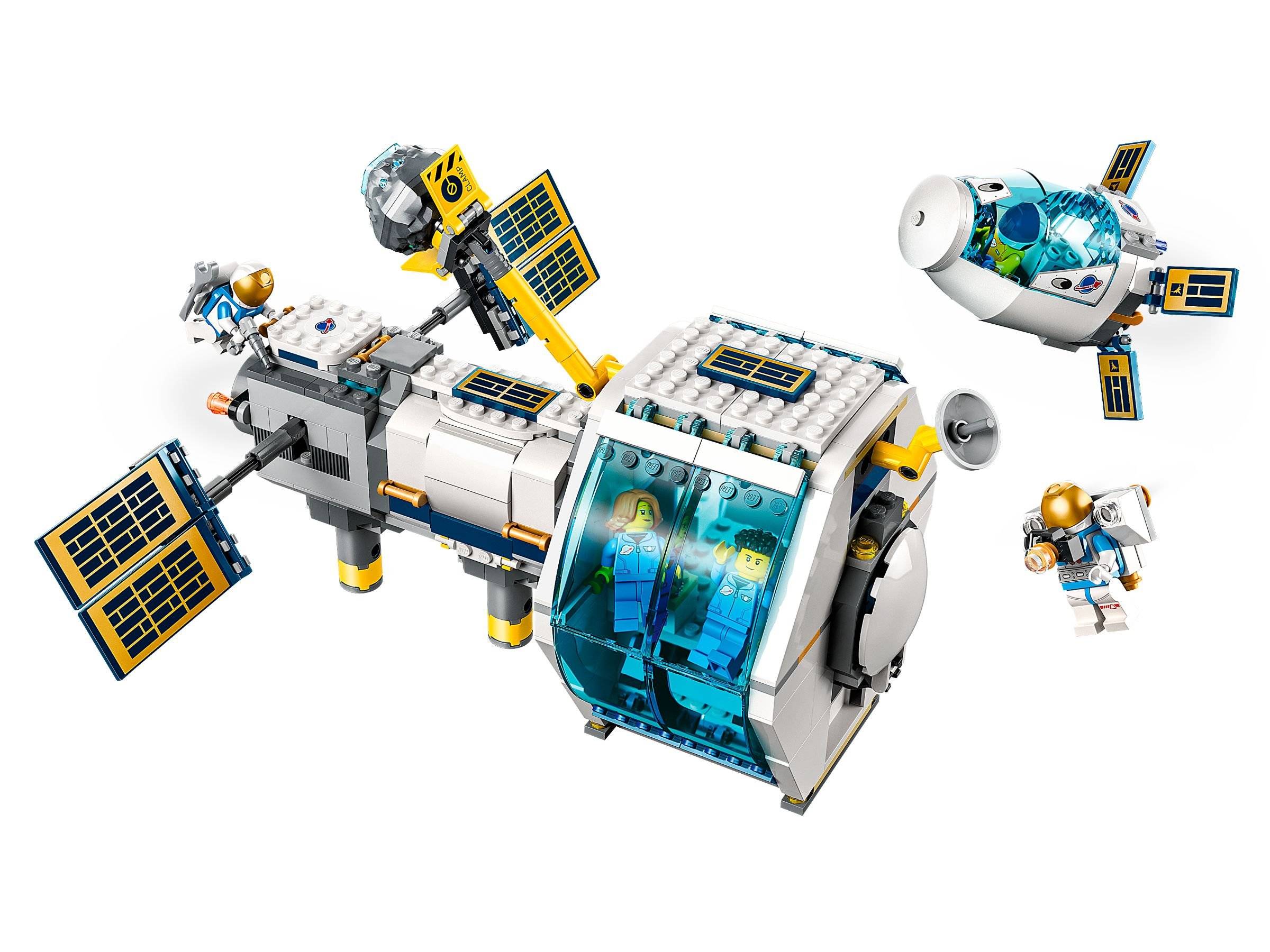 Ein LEGO-Raumstationsset mit Astronauten, Solarzellen und modularer Bauweise, das eine Szene der Weltraumforschung und Zusammenarbeit darstellt.