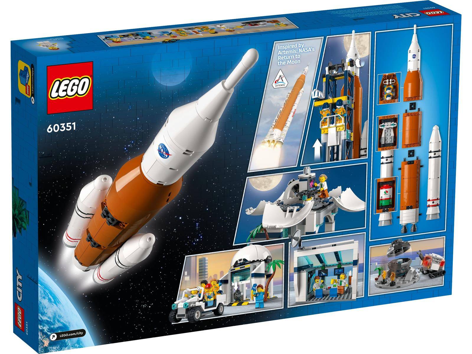 Lego-Set-Box mit einer weißen und orangefarbenen Rakete, Mondlandungsszenen und Konstruktionsmerkmalen, inspiriert vom NASA-Artemis-Projekt.