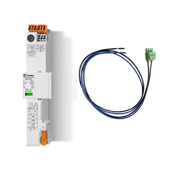 Eine industrielle Relais mit detaillierten Spezifikationen auf seinem Gehäuse, zusammen mit einem separaten blauen und grünen Steckverbindersatz.