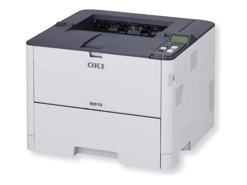 Weißer OKI B513 Desktop-Laserdrucker, von vorne rechts gezeigt mit sichtbarem Papierfach und Bedienfeld.
