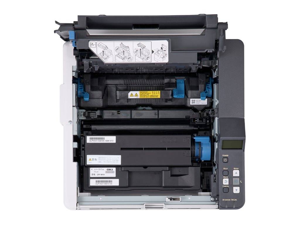 Offener Drucker mit entfernter Frontabdeckung, der den internen Toner- und Papiermechanismus sowie das Bedienfeld auf der rechten Seite zeigt.