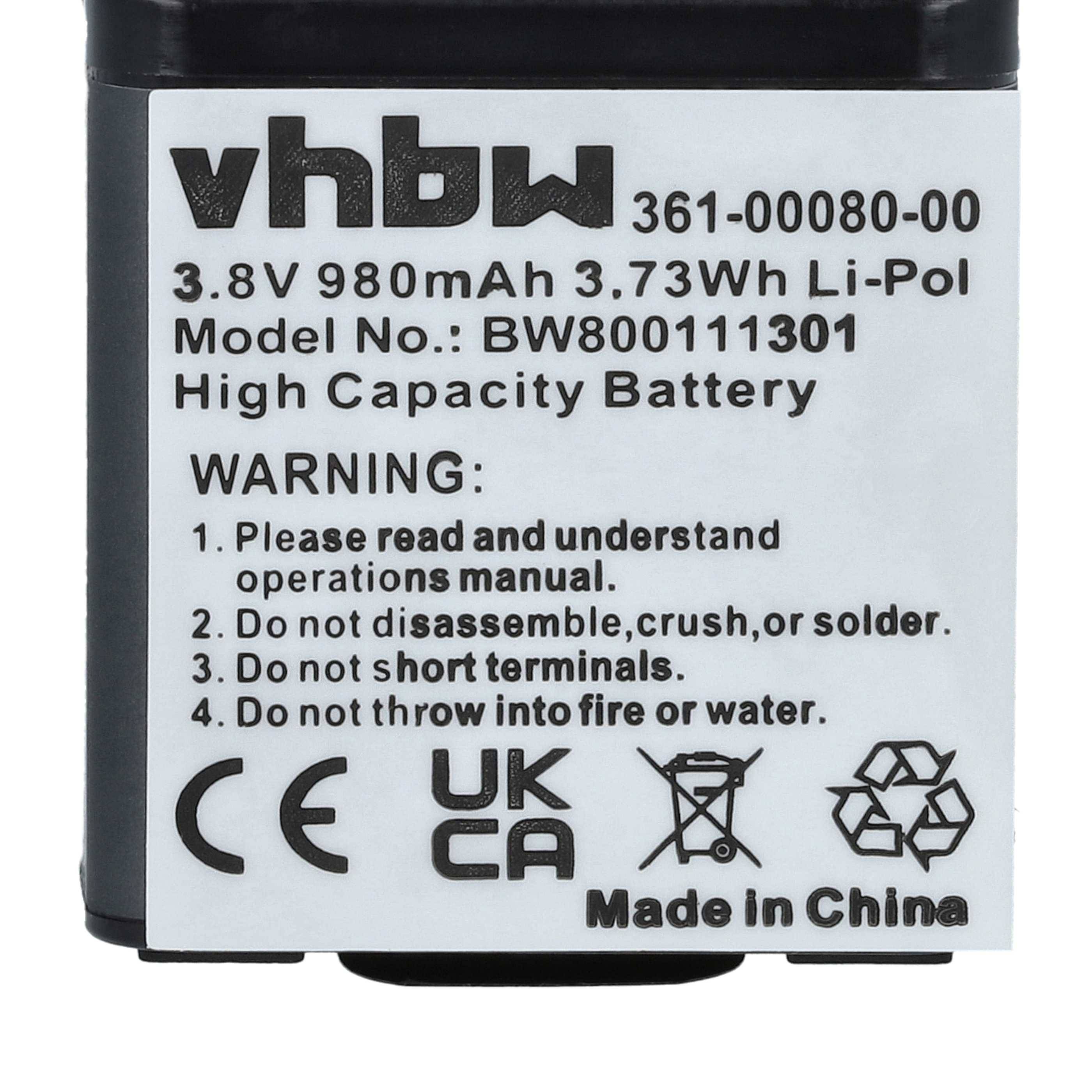 Eine weiße Batterie mit Text: 'vhbw 3,8V 980mAh 3,73Wh Li-Po. Modell-Nr.: BW80011301. Hochkapazitative Batterie.' Enthält Sicherheitshinweise und Symbole.