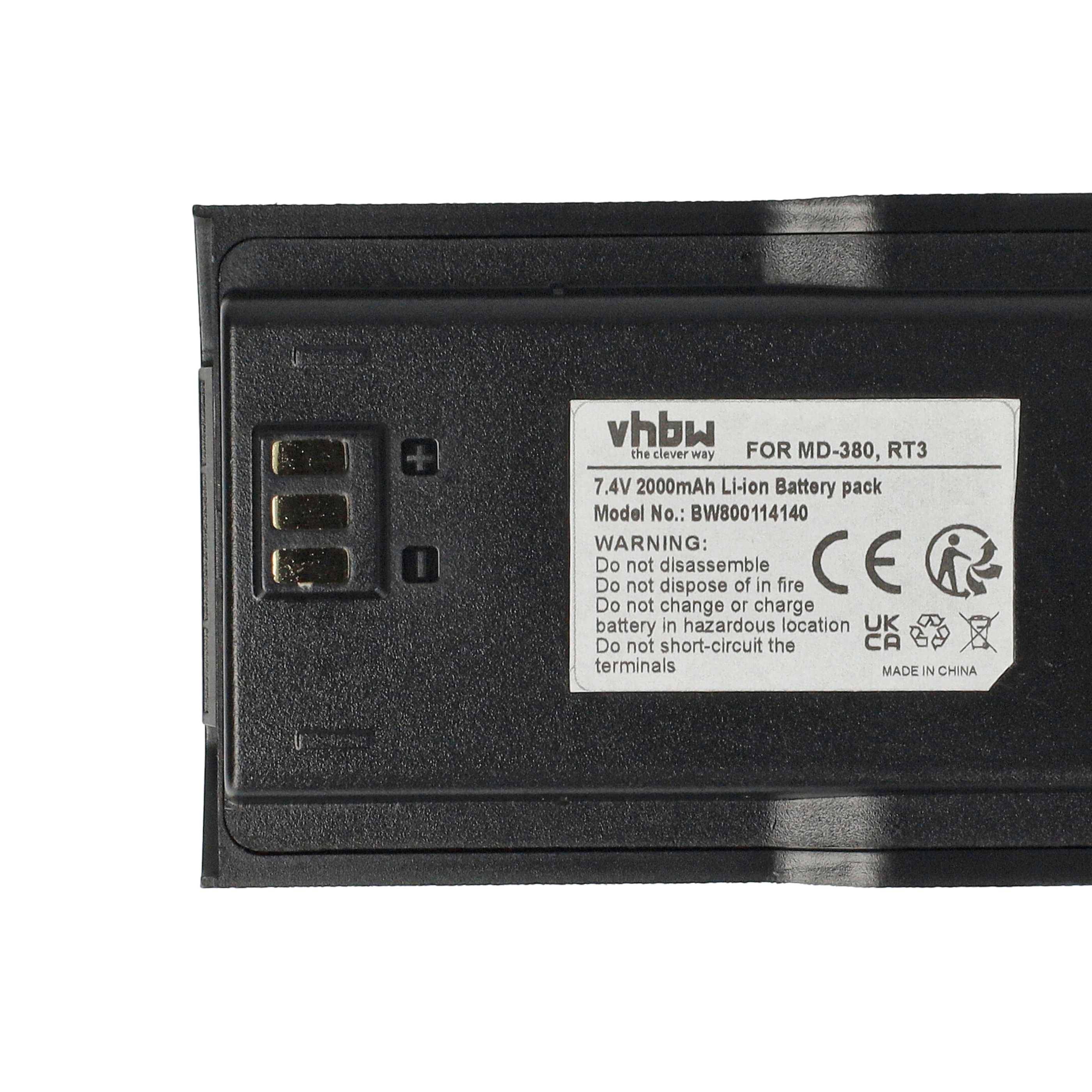 vhbw 2x Akku kompatibel mit TYT / Tytera MD-446, MD-380 Funkgerät, Walkie Talkie (2000 mAh, 7,4 V, Li-Ion) + Gürtelclip