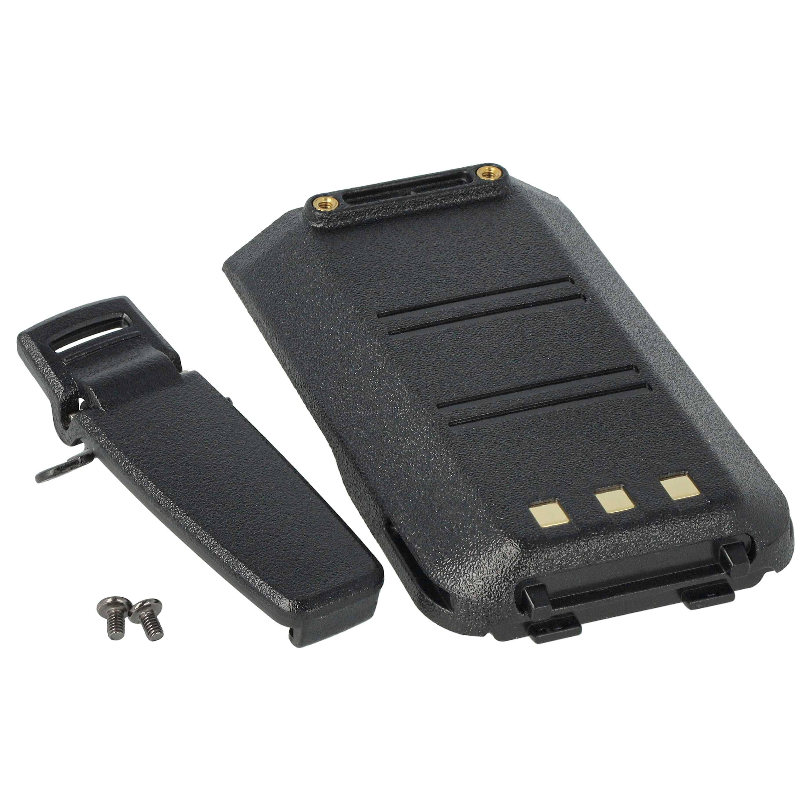 Eine schwarze Zwei-Wege-Funkgeräte-Batterie mit Metallkontakten an einem Ende, versehen mit einer Gürtelklammer und zwei kleinen Schrauben.