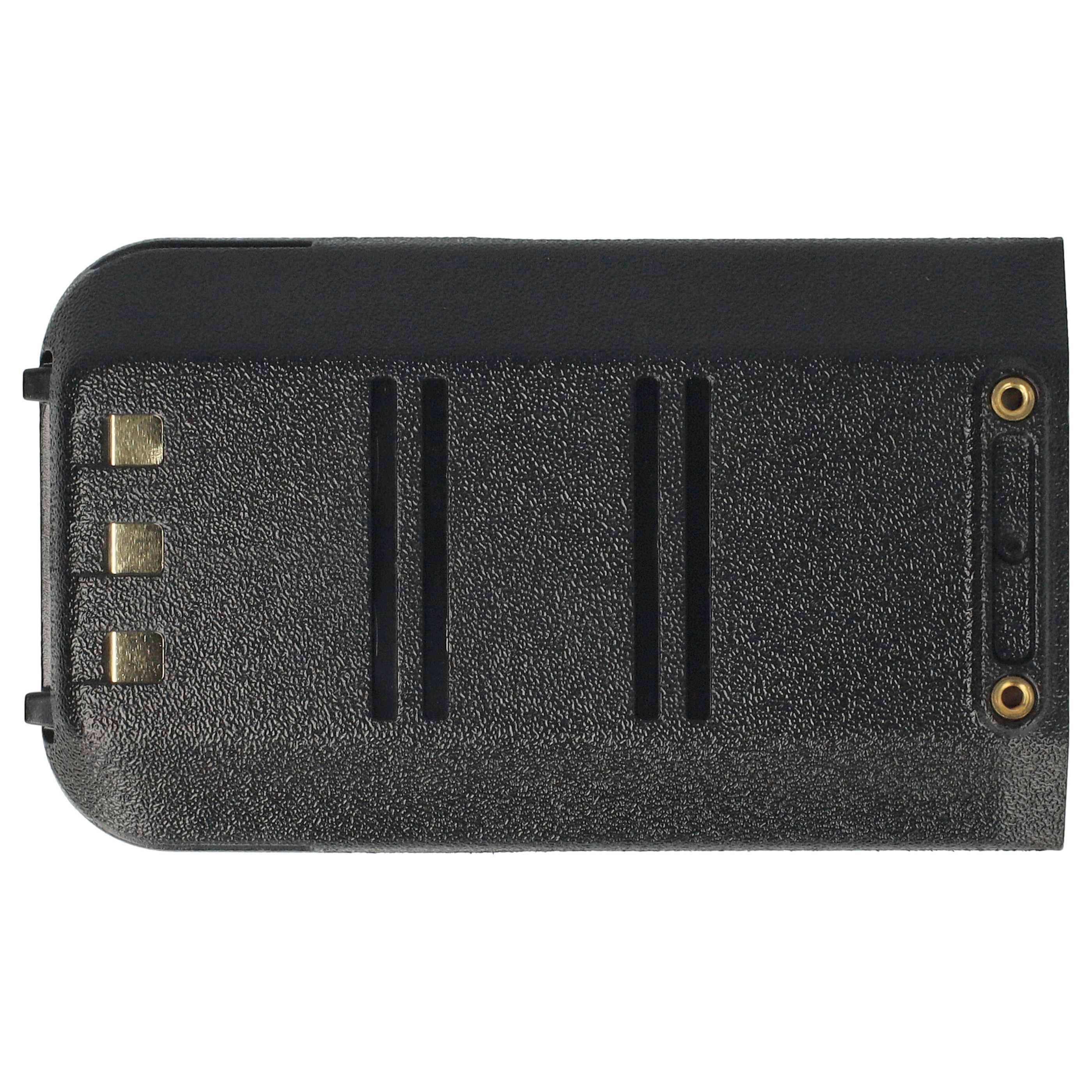 Ein schwarzer rechteckiger Akkupack mit drei Metallkontakten an der Seite, der zum Stromversorgen elektronischer Geräte verwendet wird.