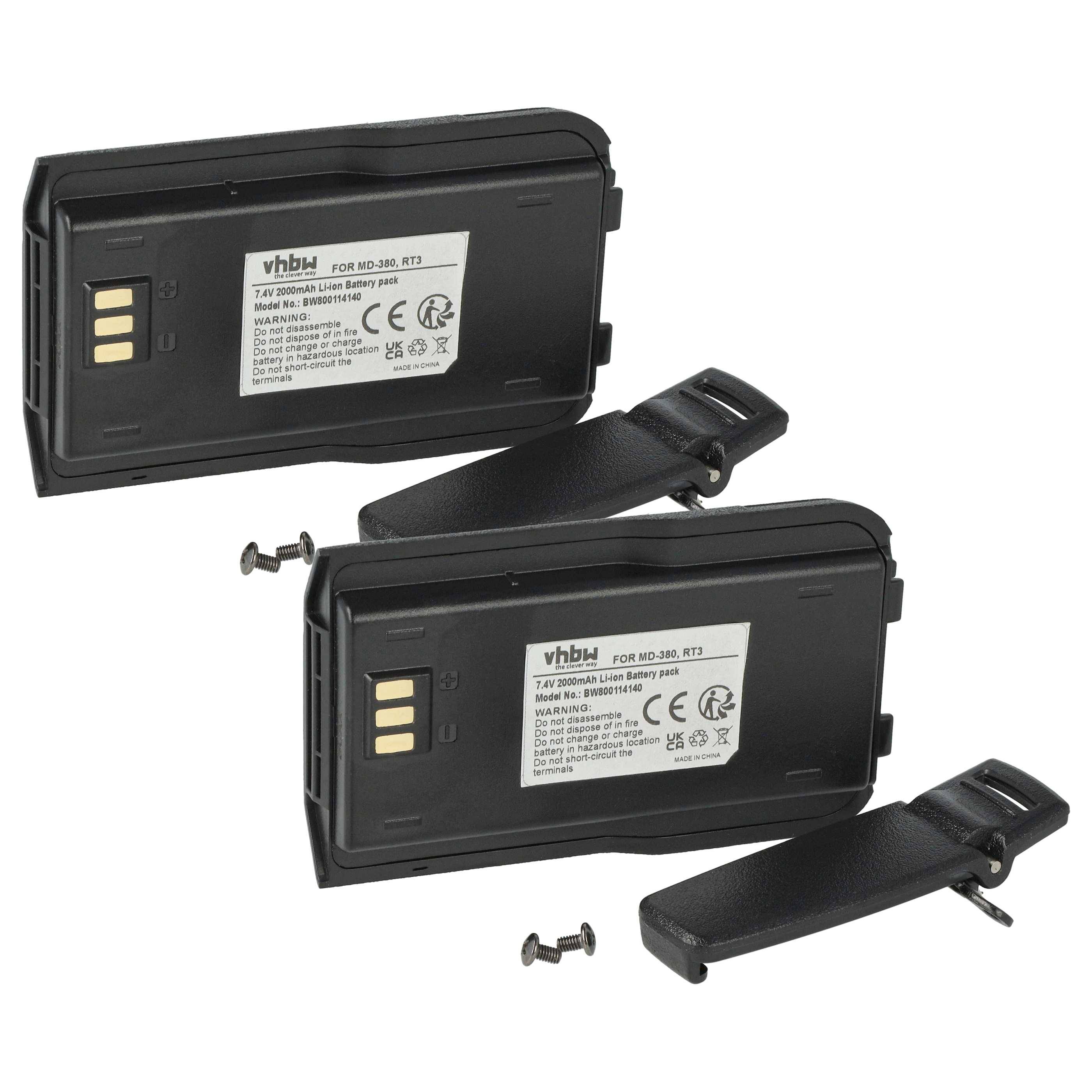 vhbw 2x Akku Ersatz für RT3 für Funkgerät, Walkie Talkie (2000 mAh, 7,4 V, Li-Ion) + Gürtelclip