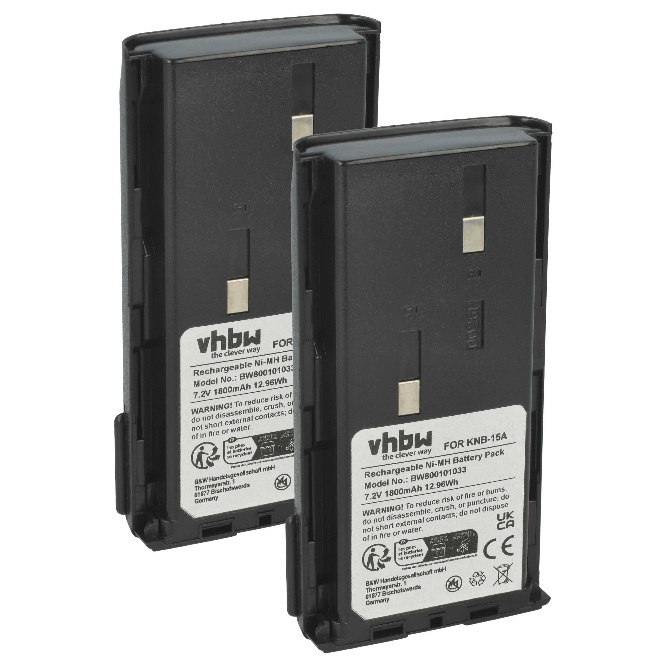 Zwei wiederaufladbare Ni-MH-Akkupacks für KNB-15A, von der Marke 'VHBW', mit Modell- und Sicherheitsinformationen auf den Etiketten.