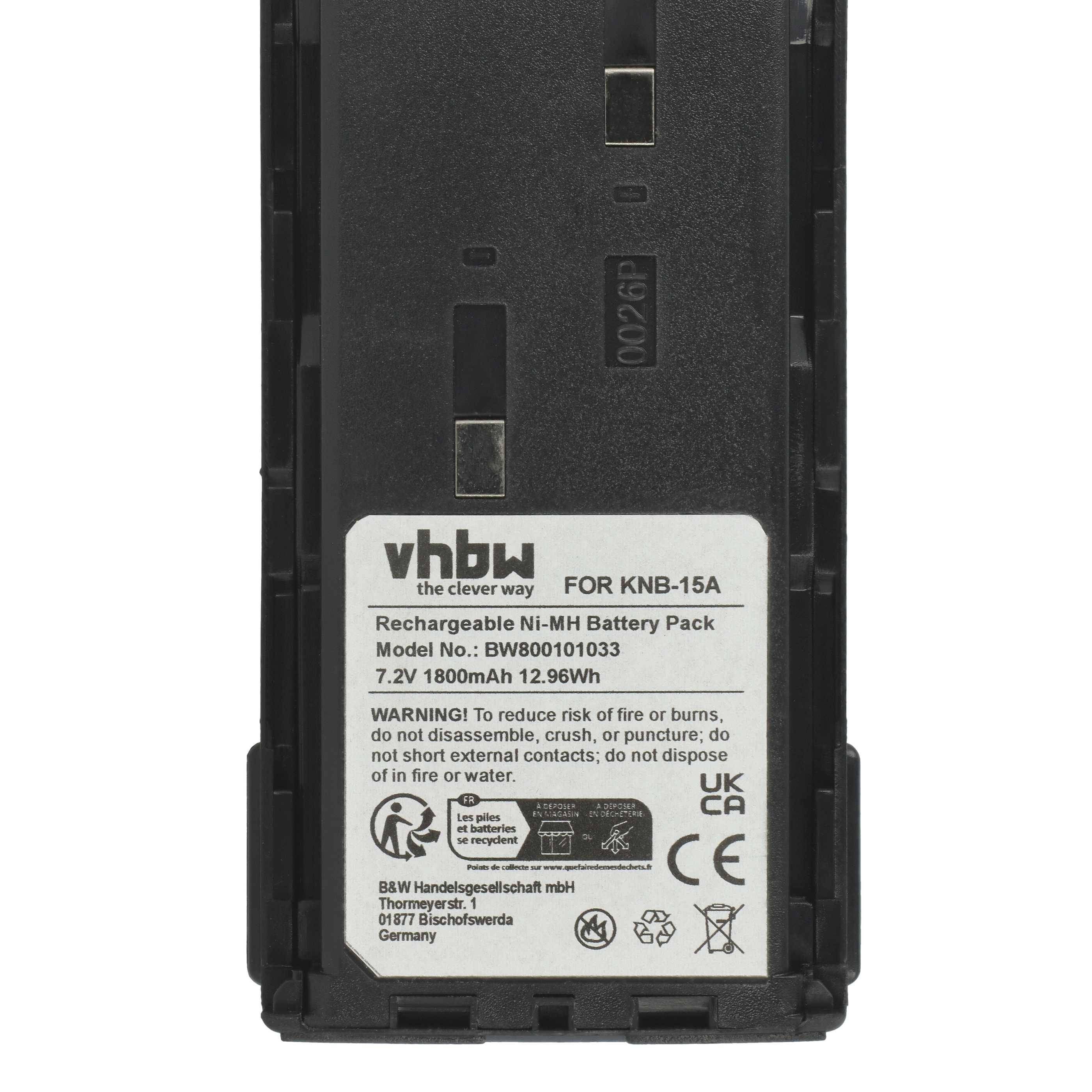 Ein schwarzes vhbw-Akku-Pack zum Aufladen für KNB-15A, Modell BWB010033, 7,2V/1800mAh/12,96Wh, mit Sicherheitswarnhinweisen und Zertifizierungssymbolen.