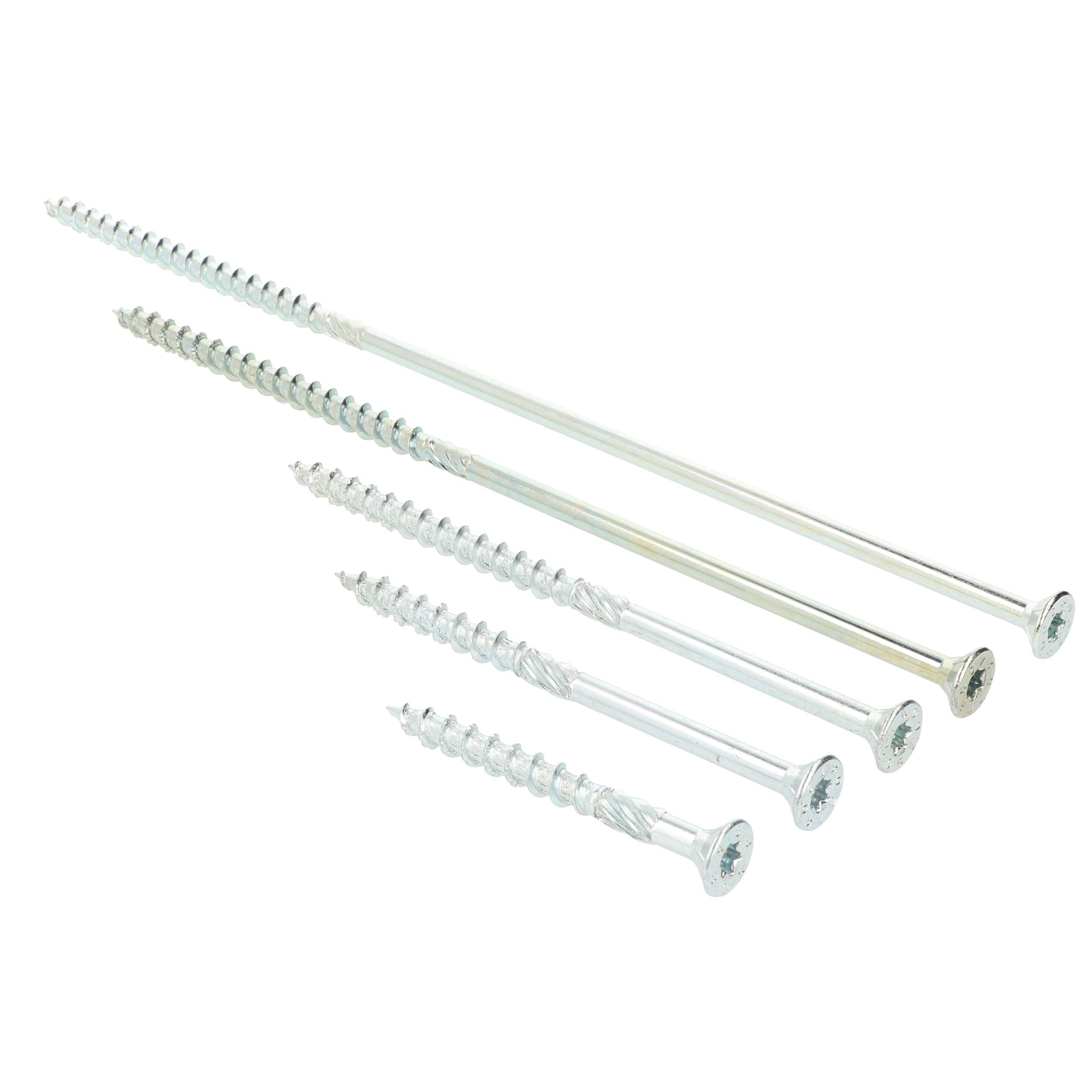 Fünf Schrauben unterschiedlicher Längen, in einer Reihe von kürzester zu längster angeordnet, jede mit einer glänzenden Metalloberfläche und flachem Kopfdesign.