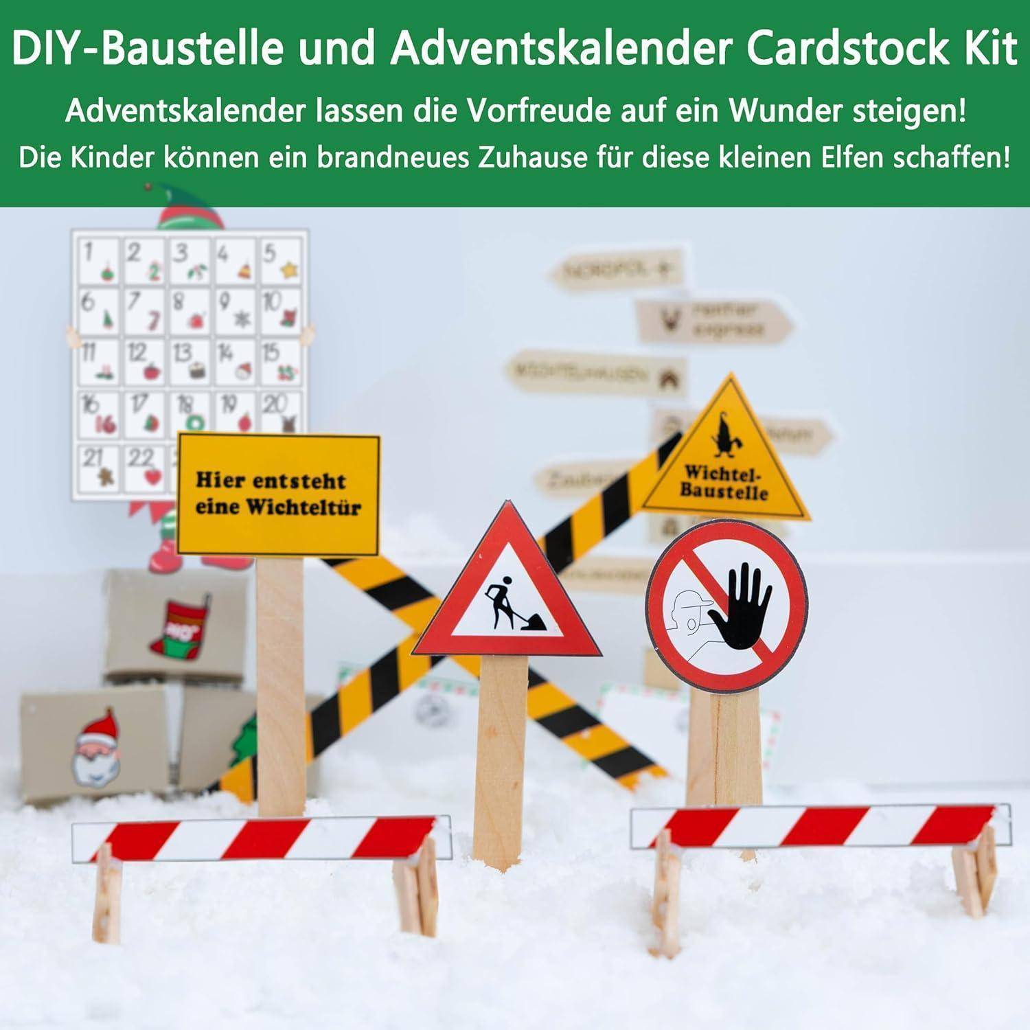 Ein Adventskalender zum Thema Baustelle mit Spielzeug-Verkehrsschildern und Weihnachtsdekoration, der die DIY-Kreativität für Kinder fördert.